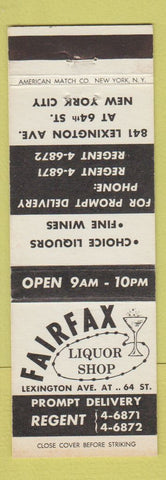 Matchbook Cover - Fairfax Liquor Shop New York City