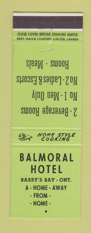 Matchbook Cover - Balmoral Hotel Barry's Bay ON GREEN