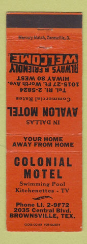 Matchbook Cover - Colonial Motel Brownsville TX Avalon Motel Dallas TX