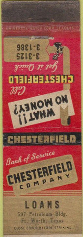 Matchbook Cover - Chesterfield Co Loans Fort Worth TX WORN