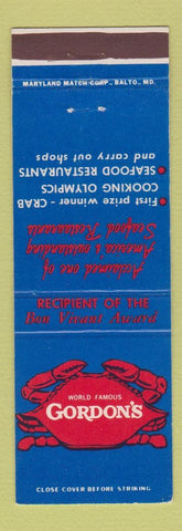 Matchbook Cover - Gordon's Seafood  Rockville MD Baltimore Towson Frederick