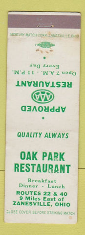 Matchbook Cover - Oak Park Restaurant Zanesville OH