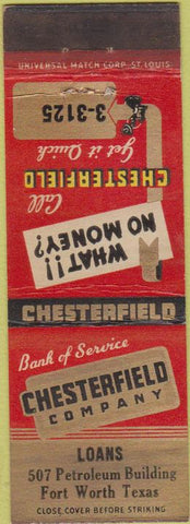 Matchbook Cover - Chesterfield Co Loans Fort Worth TX