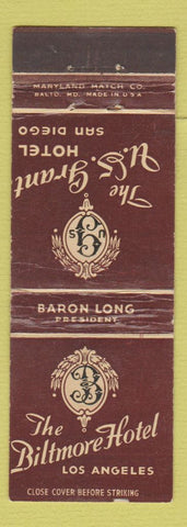 Matchbook Cover - Biltmore Hotel Los Angeles CA US Grant San Diego CA WEAR
