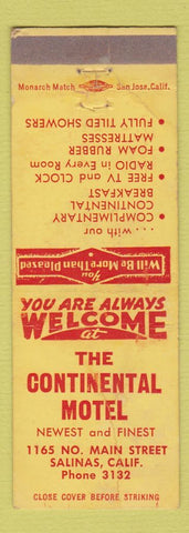 Matchbook Cover - Continental Motel Salinas CA WEAR