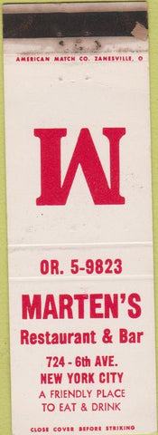 Matchbook Cover - Marten's Restaurant New York City WEAR