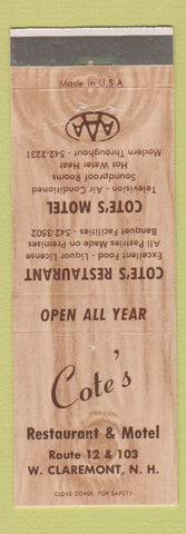 Matchbook Cover - Cote's Restaurant Motel West Claremont NH