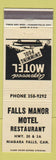 Matchbook Cover - Falls Manor Motel Restaurant Niagara Falls ON