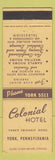 Matchbook Cover - Colonial Hotel York PA