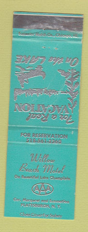Matchbook Cover - Willow Beach Motel Plattsburgh NY WEAR TEAL