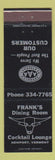 Matchbook Cover - Frank's Dining Room Newport VT BLACK
