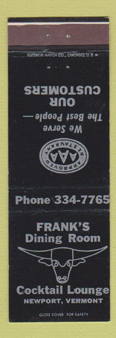 Matchbook Cover - Frank's Dining Room Newport VT BLACK
