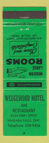 Matchbook Cover - Wedgewood Motel Restaurant Niagara Falls ON GREEN WEAR