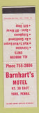 Matchbook Cover - Barnhart's Motel York PA