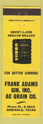 Matchbook Cover - Frank Adams Gin Cotton AC Grain Seminole TX