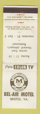 Matchbook Cover - Bel Air Motel Bristol VA WEAR