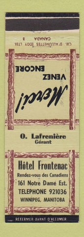 Matchbook Cover - Hotel Frontenac Winnipeg MB