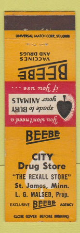Matchbook Cover - City Drug Store Beebe Vaccines Drugs St James MB