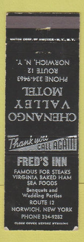 Matchbook Cover - Chenango Valley Motel Norwich NY Fred's Inn