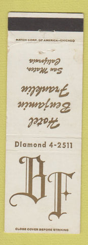 Matchbook Cover - Hotel Benjamin Franklin San Mateo CA