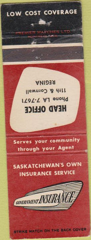 Matchbook Cover - Government Insurance Regina SK