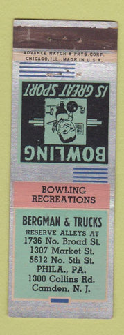Matchbook Cover - Bergman and Trucs Bowling Camden NJ Philadelphia PA ADVANCE