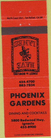 Matchbook Cover - Phoenix Gardens Bowling Ignacio CA orange