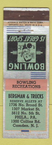 Matchbook Cover - Bergman and Trucks Bowling Camden NJ Philadelphia PA ADVANCE