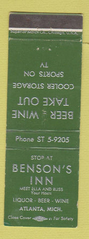 Matchbook Cover - Benson's Inn Atlanta MI