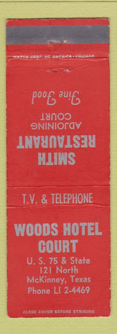 Matchbook Cover - Woods Hotel Court McKinney TX Smith Restaurant