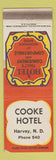 Matchbook Cover - Cooke Hotel Harvey ND WEAR