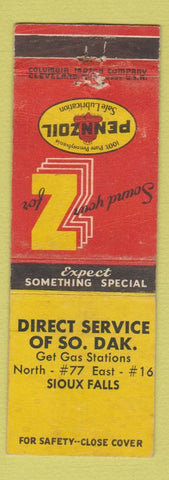 Matchbook Cover - Pennzoil oil gas Sioux Falls SD WEAR