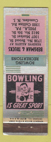 Matchbook Cover - Bergman & Trucks Bowling Camden NJ Philadelphia PA