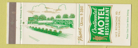 Matchbook Cover - Continental Motel Restaurant Williamsburg VA