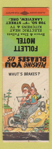 Matchbook Cover - Follett Motel Lakeview OR hillbilly WORN