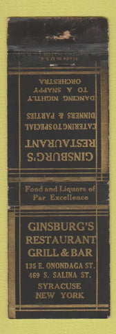 Matchbook Cover - Ginsburg's Restaurant Syracuse NY WORN