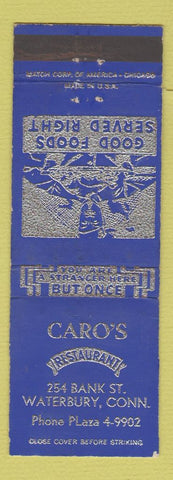 Matchbook Cover - Caro's Restaurant Waterbury CT