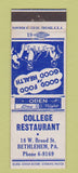 Matchbook Cover - College Restaurant Bethlehem PA