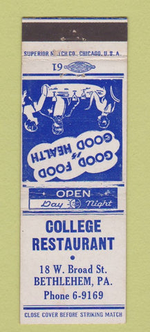 Matchbook Cover - College Restaurant Bethlehem PA