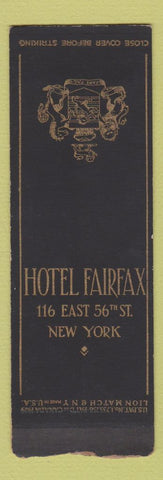 Matchbook Cover - Hotel Fairfax New York City Lion Canada 1929 SAMPLE WEAR
