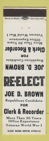 Matchbook Cover - Joe Brown Clerk Recorder Election