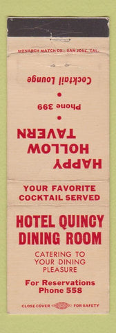 Matchbook Cover - Hotel Quincy Dining Room Happy Hollow Tavern