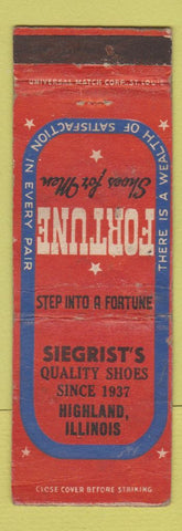 Matchbook Cover - Siegrist's Shoes Fortune Highland IL WORN