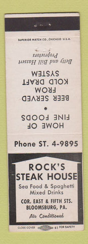 Matchbook Cover - Rock's Steak House Bloomsburg PA
