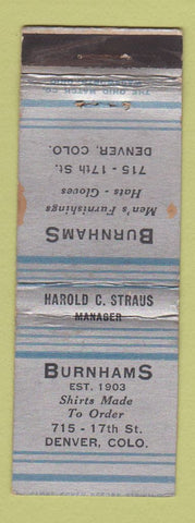 Matchbook Cover - Burnhams Denver Colorado Men's Clothes WEAR