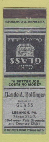 Matchbook Cover - Claude Hollinger Glass Lebanon PA WORN BACK