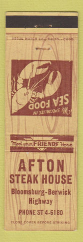 Matchbook Cover - Afton Steak House Bloomsburg Berwick? PA
