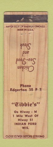 Matchbook Cover - Tibbie's Indian Ford WI restaurant WORN
