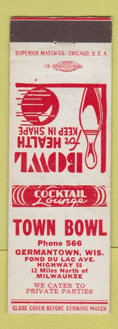 Matchbook Cover - Town Bowling Germantown WI low phone #