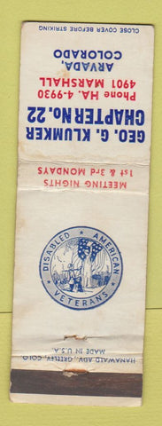Matchbook Cover - DAV Disabled Veterans Geo Klumker Arvada Colorado WORN